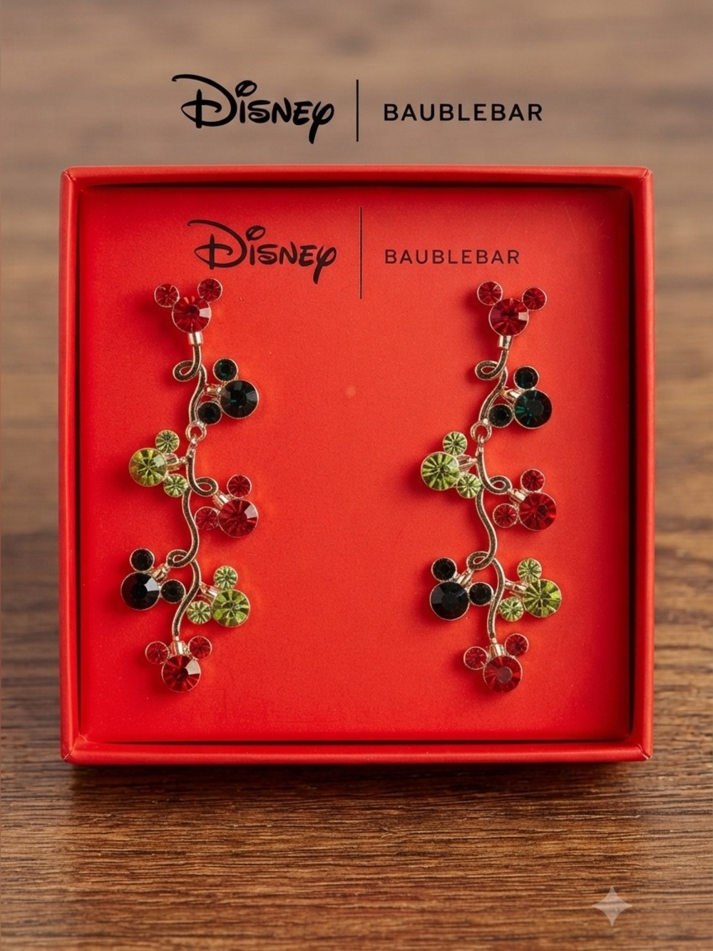 Disney BaubleBar Mickey Mouse Holiday Earrings Red Green Crystal Drop NIB